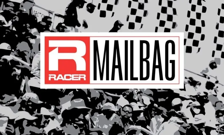 Racer Mailbag logo with crowd and checkered flag background.