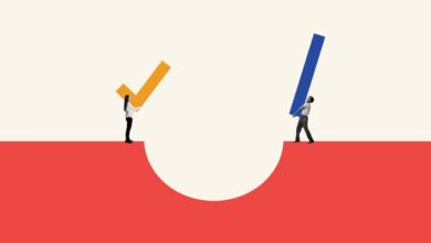 Two people holding checkmarks over a gap, symbolizing problem-solving.