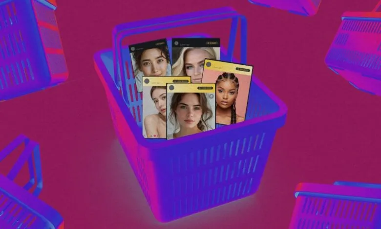 Shopping basket filled with profile images, floating on a pink background.