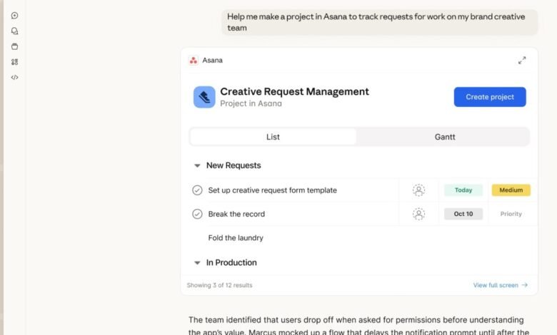 Asana project management interface showing creative request tracking.