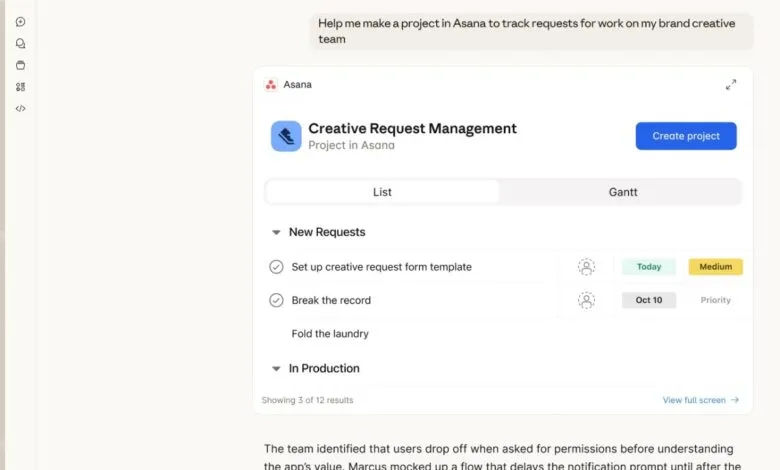 Asana project management interface showing creative request tracking.