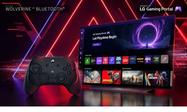 Razer Wolverine V3 Bluetooth controller paired with LG Gaming Portal on TV.