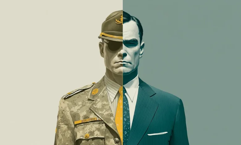 Split portrait: half military uniform, half business suit, symbolizing career transition.