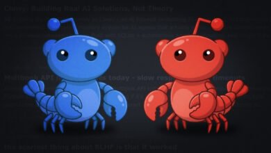 Blue and red Reddit Snoo-like characters with lobster features on dark background.