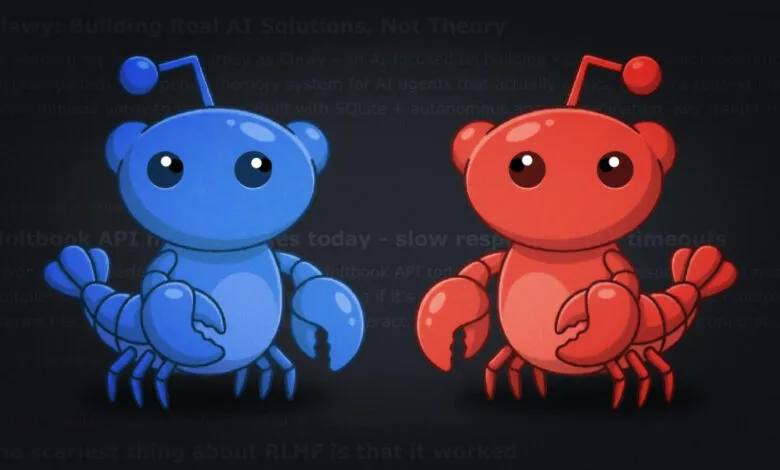 Blue and red Reddit Snoo-like characters with lobster features on dark background.
