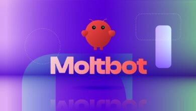 Moltbot logo with a cute red robot on a purple gradient background.