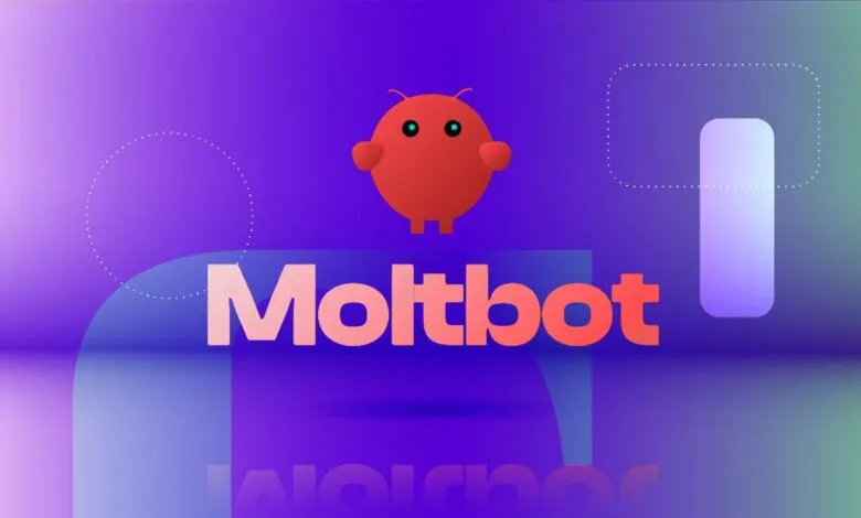 Moltbot logo with a cute red robot on a purple gradient background.