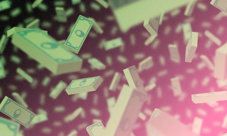 Cartoon money falling against a gradient background, symbolizing wealth.
