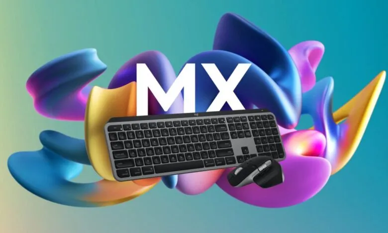 Logitech MX Keys keyboard and mouse combo on colorful abstract background.