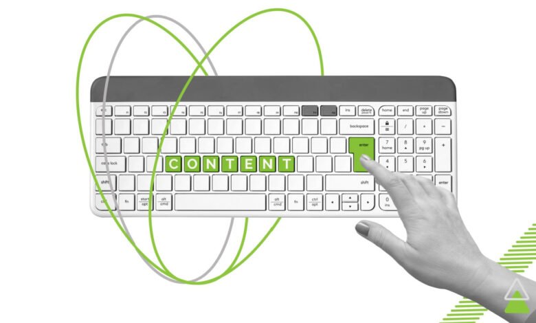 Keyboard with 'CONTENT' keys highlighted in green, hand pressing 'Enter'.