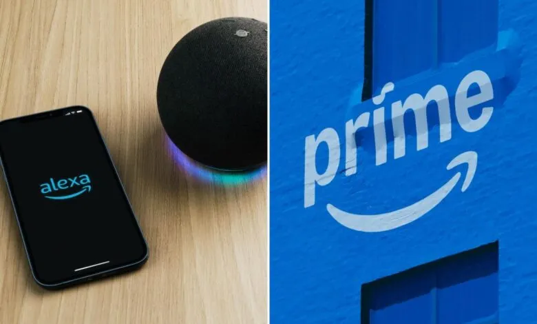 Amazon devices: Alexa on phone, Echo Dot, and Prime logo.
