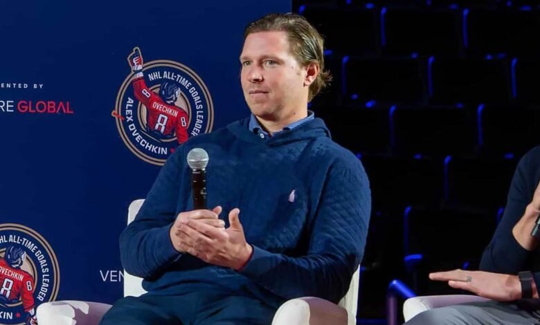 Nicklas Backstrom speaks at event honoring Alex Ovechkin's goal record.