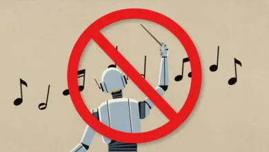 Robot conductor with a red prohibition sign over it, musical notes around.