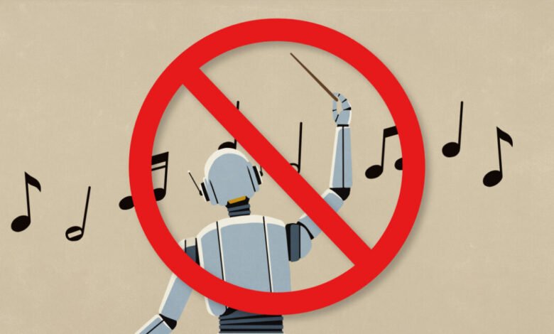 Robot conductor with a red prohibition sign over it, musical notes around.