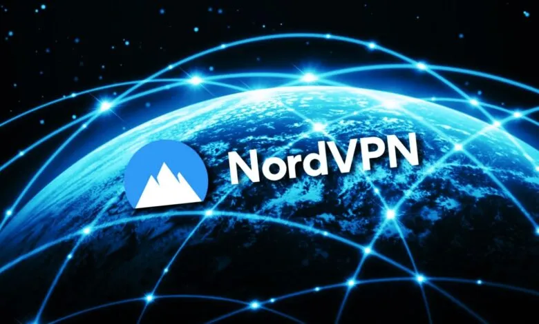 NordVPN logo over a globe with glowing network connections.