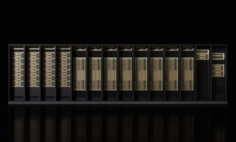 NVIDIA Rubin supercomputer rack with multiple server units.