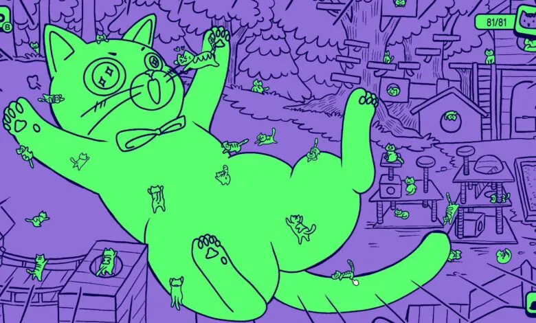 Hidden object game scene with a large green cat and many smaller cats.