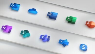 Microsoft 365 app icons arranged on a white surface.
