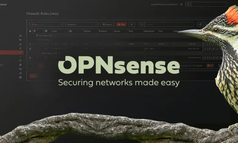 OPNsense firewall interface with a woodpecker perched on a branch in the foreground.