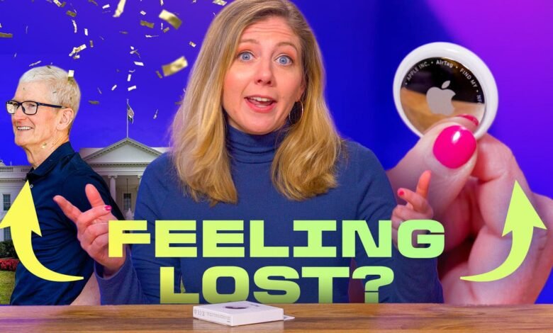 Woman presents Apple AirTag with Tim Cook and White House backdrop.