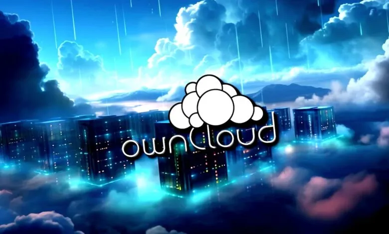 ownCloud logo with cloud and server cubes floating in a cloudy sky.