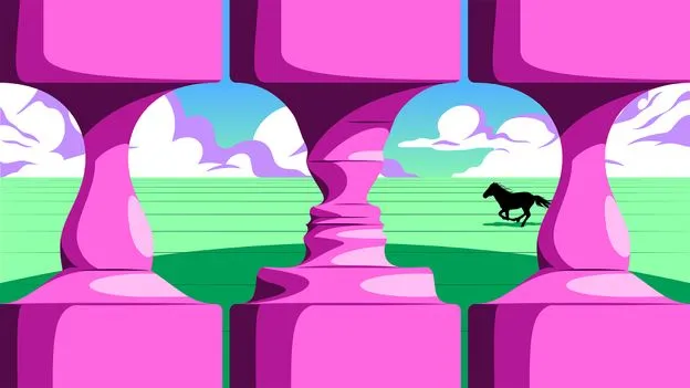 Abstract landscape with pink arches and a black horse running in the distance.