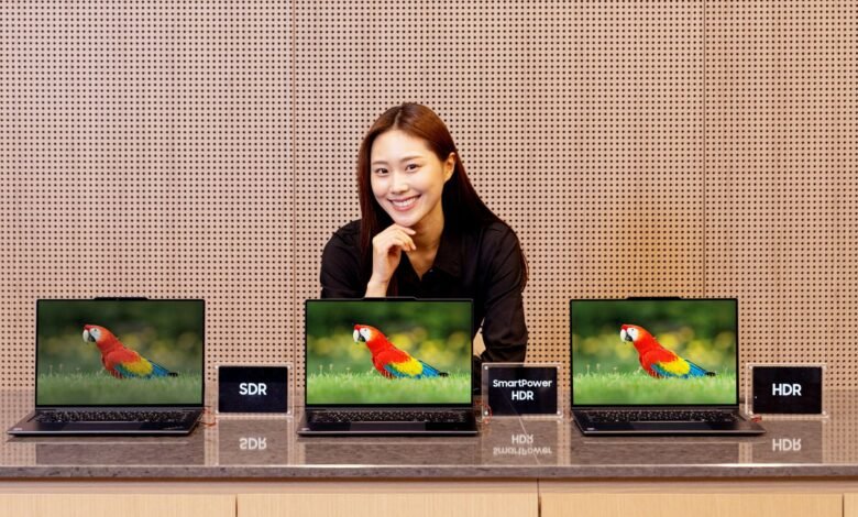 Woman presents laptops with parrot image, showing SDR vs HDR display quality.