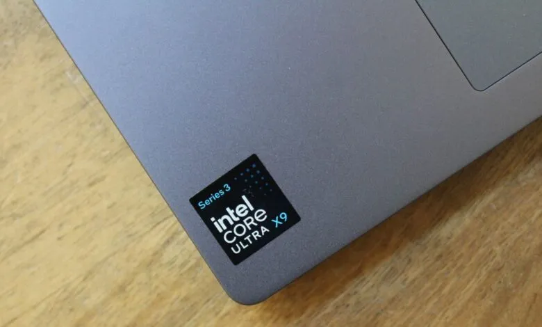 Close-up of laptop with Intel Core Ultra X9 Series 3 sticker.