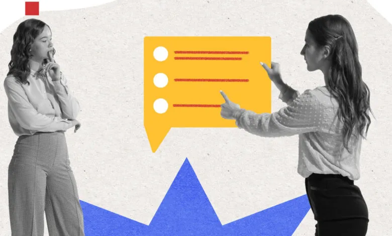 Two women discussing options in a speech bubble, thinking and pointing.