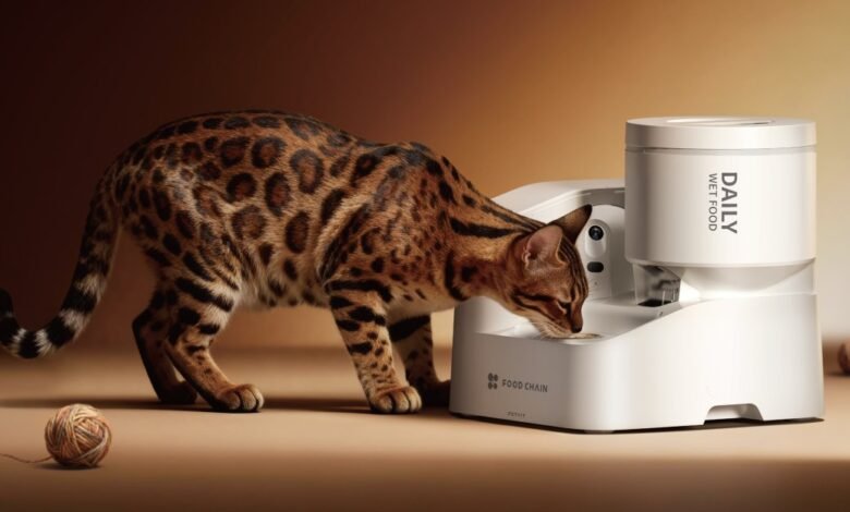 Bengal cat eating from a white automatic wet food feeder.
