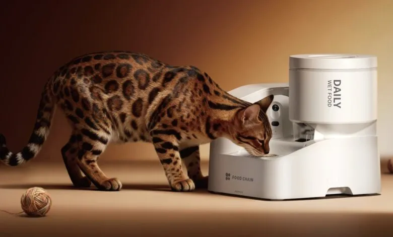 Bengal cat eating from a white automatic wet food feeder.