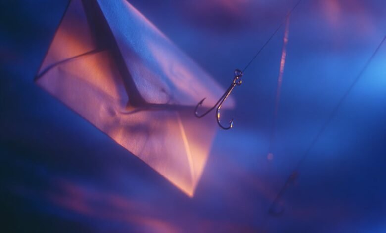 Envelope with fishing hook, representing phishing scams.