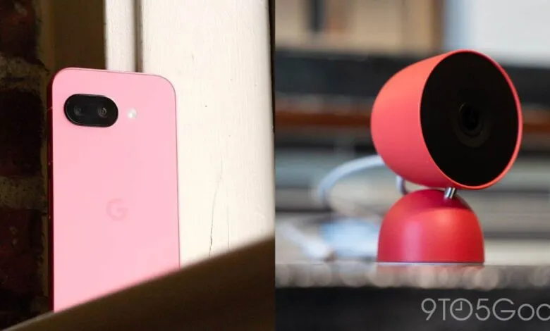 Berry-colored Pixel phone and Nest Cam side-by-side.