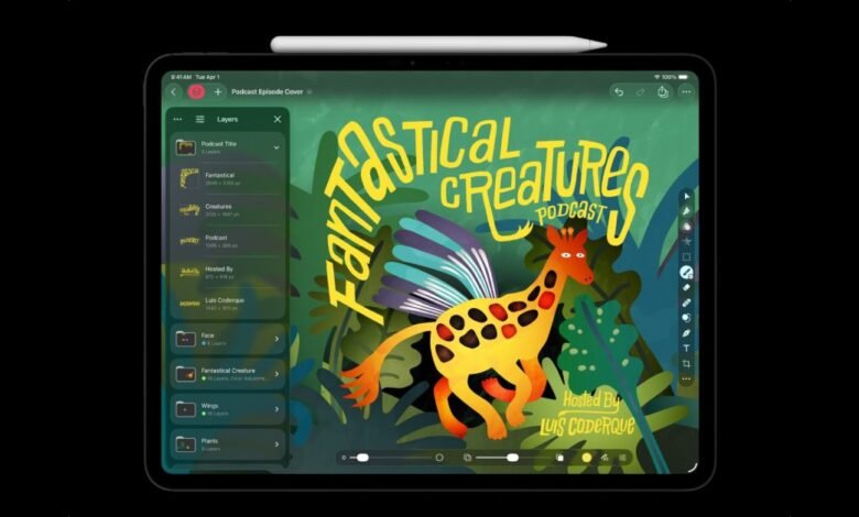 iPad screen showing Pixelmator Pro with podcast artwork featuring a winged giraffe.