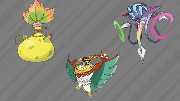 Three colorful Pokemon characters on a gray background.