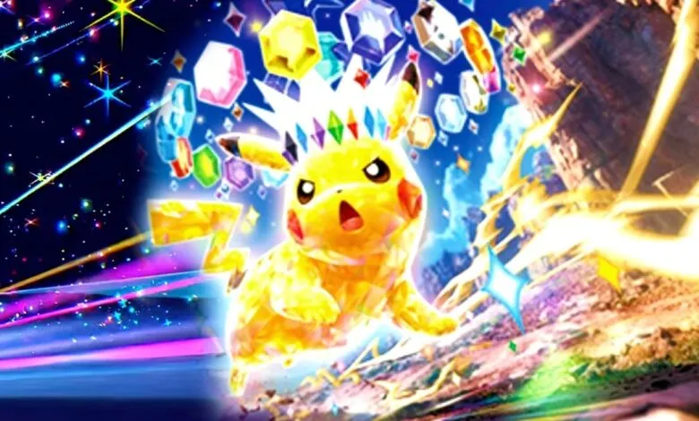 Stylized Pikachu with crystal-like texture surrounded by colorful gems and cosmic effects.