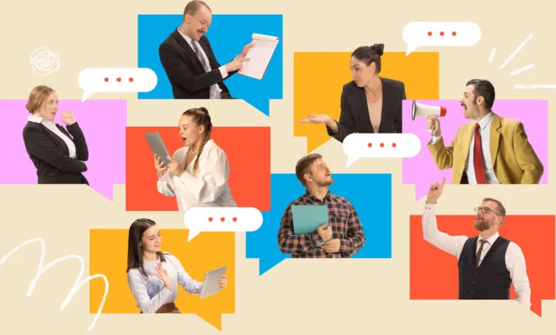 Diverse group communicating in speech bubbles with various expressions.
