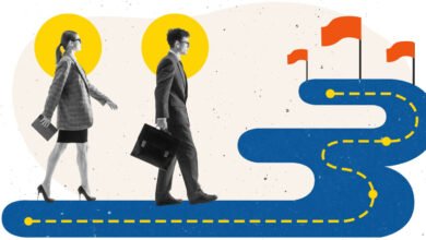 Business professionals walking on a path towards goals represented by flags.