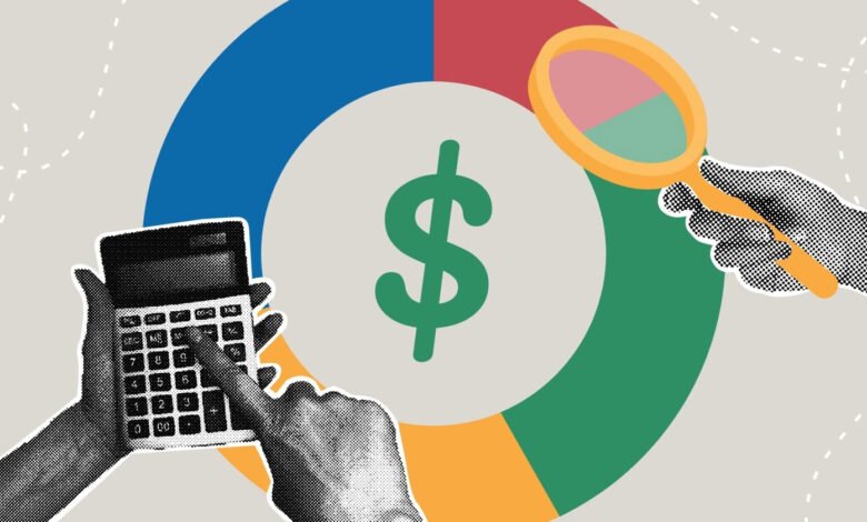 Budget analysis graphic with calculator, magnifying glass, and pie chart.