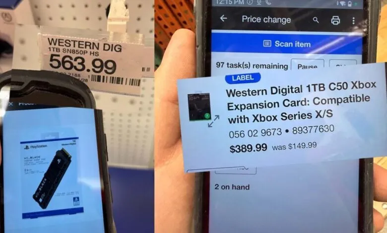 Comparison of Western Digital SSD prices for PlayStation and Xbox, showing price differences.
