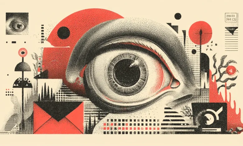 Abstract eye illustration with geometric shapes in red, black, and beige.