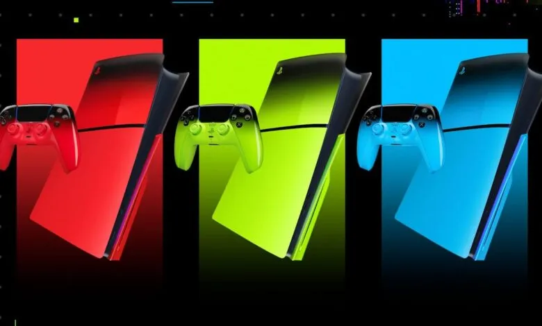 Three colorful PlayStation 5 consoles and controllers in red, green, and blue.