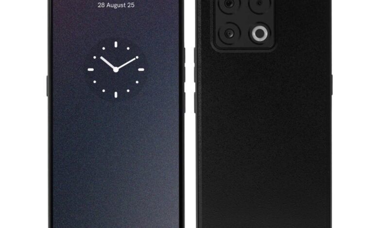 Two black smartphones, one showing a clock face and the other its camera.