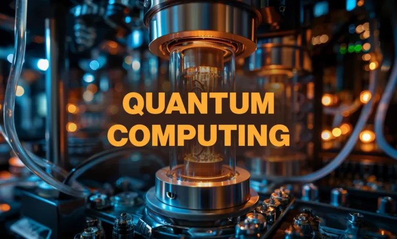 Close-up of quantum computing hardware with orange 'Quantum Computing' text overlay.