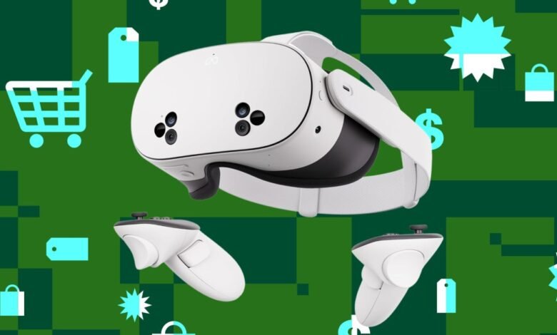 White VR headset and controllers on a green background with shopping icons.