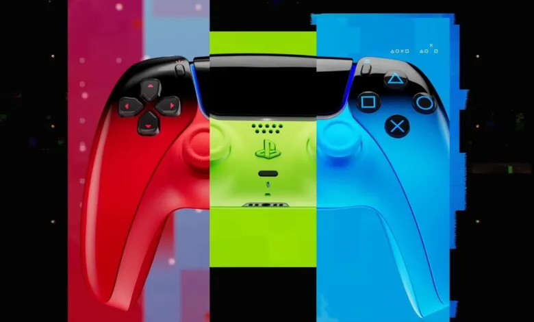 Three PlayStation 5 DualSense controllers in red, green, and blue.