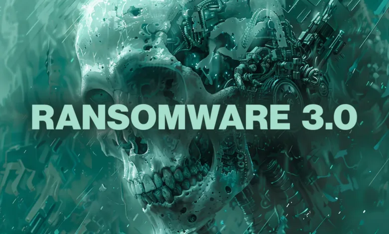Cyberpunk skull with mechanical parts and 'RANSOMWARE 3.0' text overlay.
