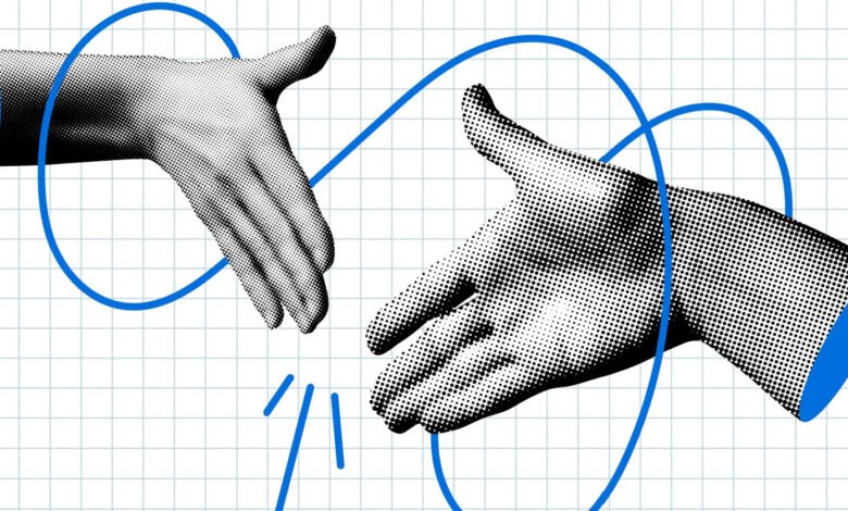 Two halftone hands reaching for each other with blue lines connecting them.