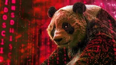 Digital panda bear with red binary code overlay, futuristic design.