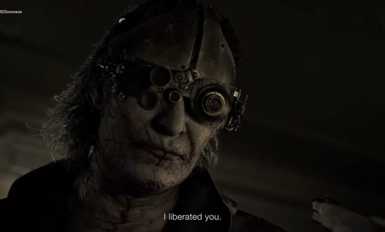 Creepy character with goggles and scars says 'I liberated you'.